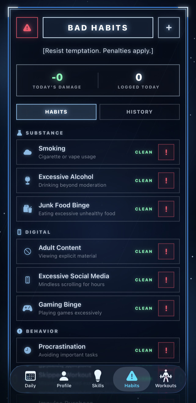Okiro Bad Habits screen showing habits with clean streaks and damage tracking