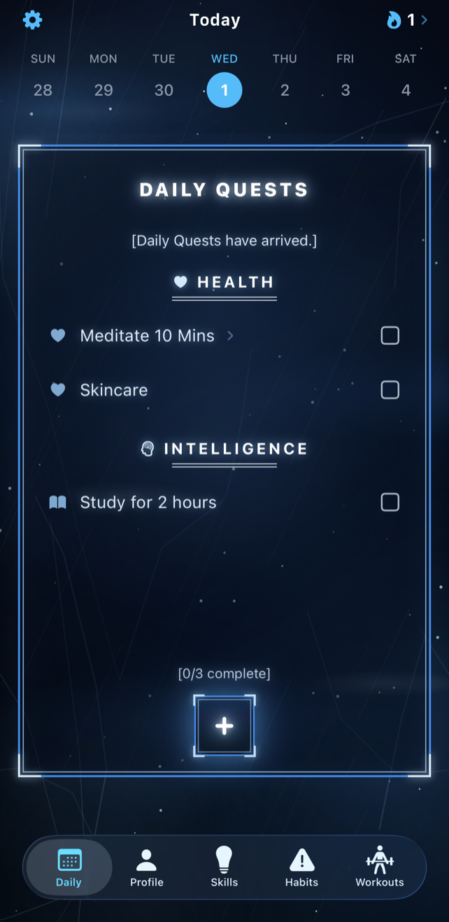 Okiro Daily Quests screen showing Health and Intelligence quests