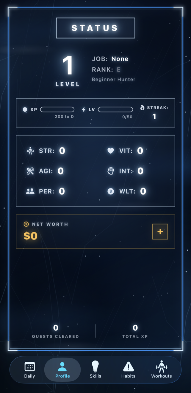 Okiro Status screen on day 1: Level 1, Rank E, all stats at zero