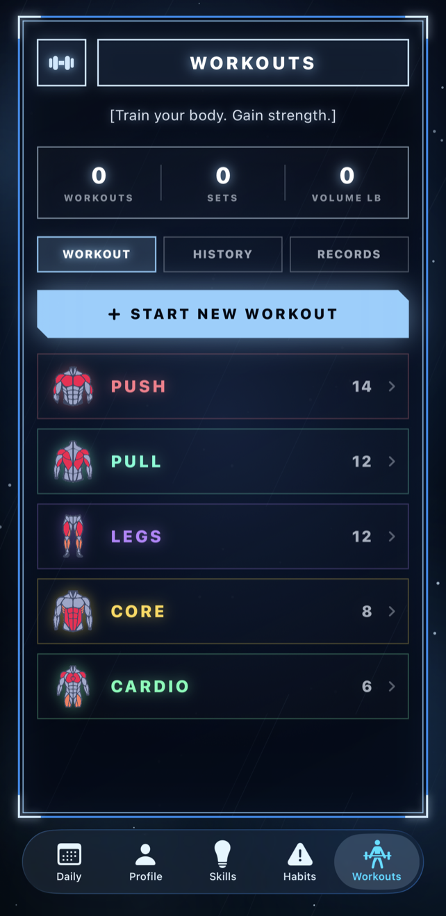 Okiro Workouts screen with Push, Pull, Legs, Core, and Cardio categories